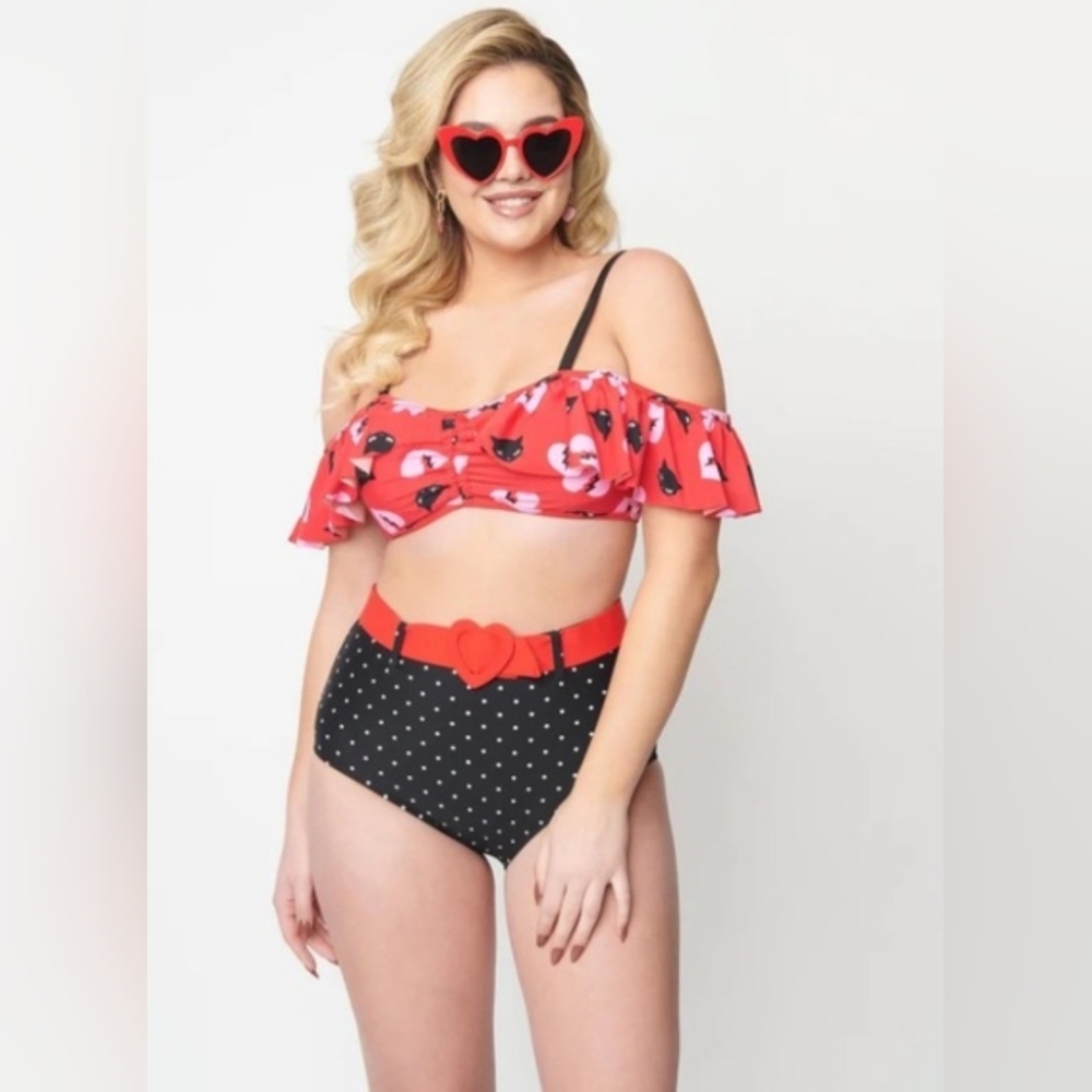 Unique Vintage Red Top w/Black Cat & Pink Heart Print Bikini, Emily the Strange - Picture 16 of 16